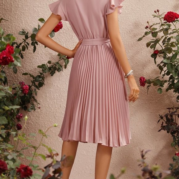 Dusty Pink Boho Womens Butterfly Sleeve Pleated Hem Dress - Picture 4 of 5